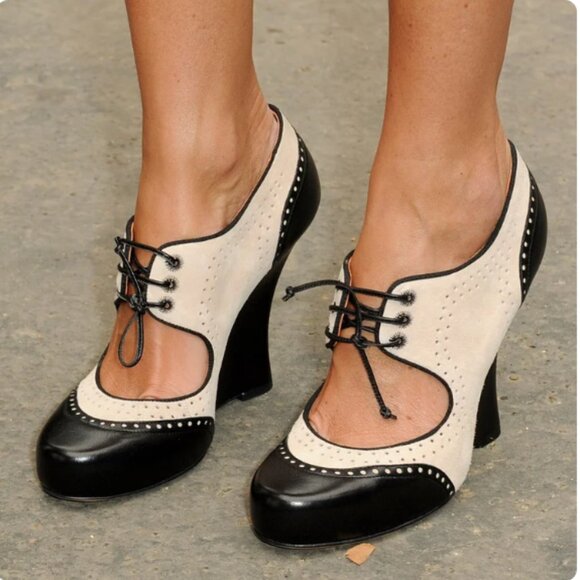 FSJ Black and Ivory Closed Toe Lace Up High Heels Vintage Shoes - Picture 1 of 8